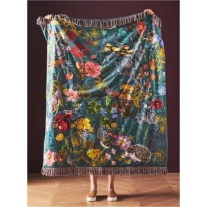 Anthropologie Nathalie Lete Throw Blanket Dark Turquoise Whimsical Forest